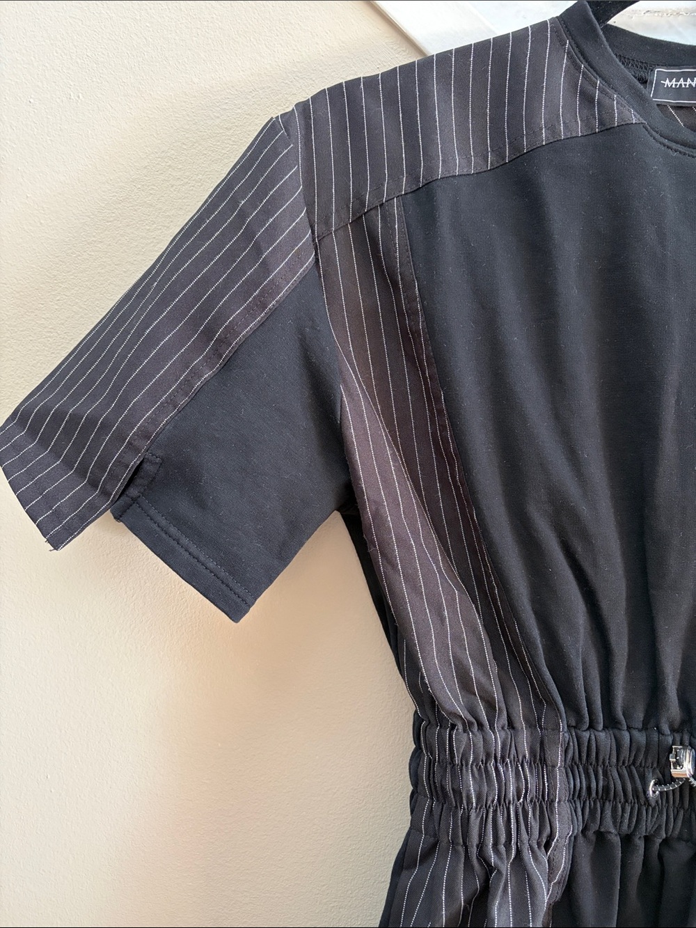 Black Pinstripe Drawstring Waist Dress